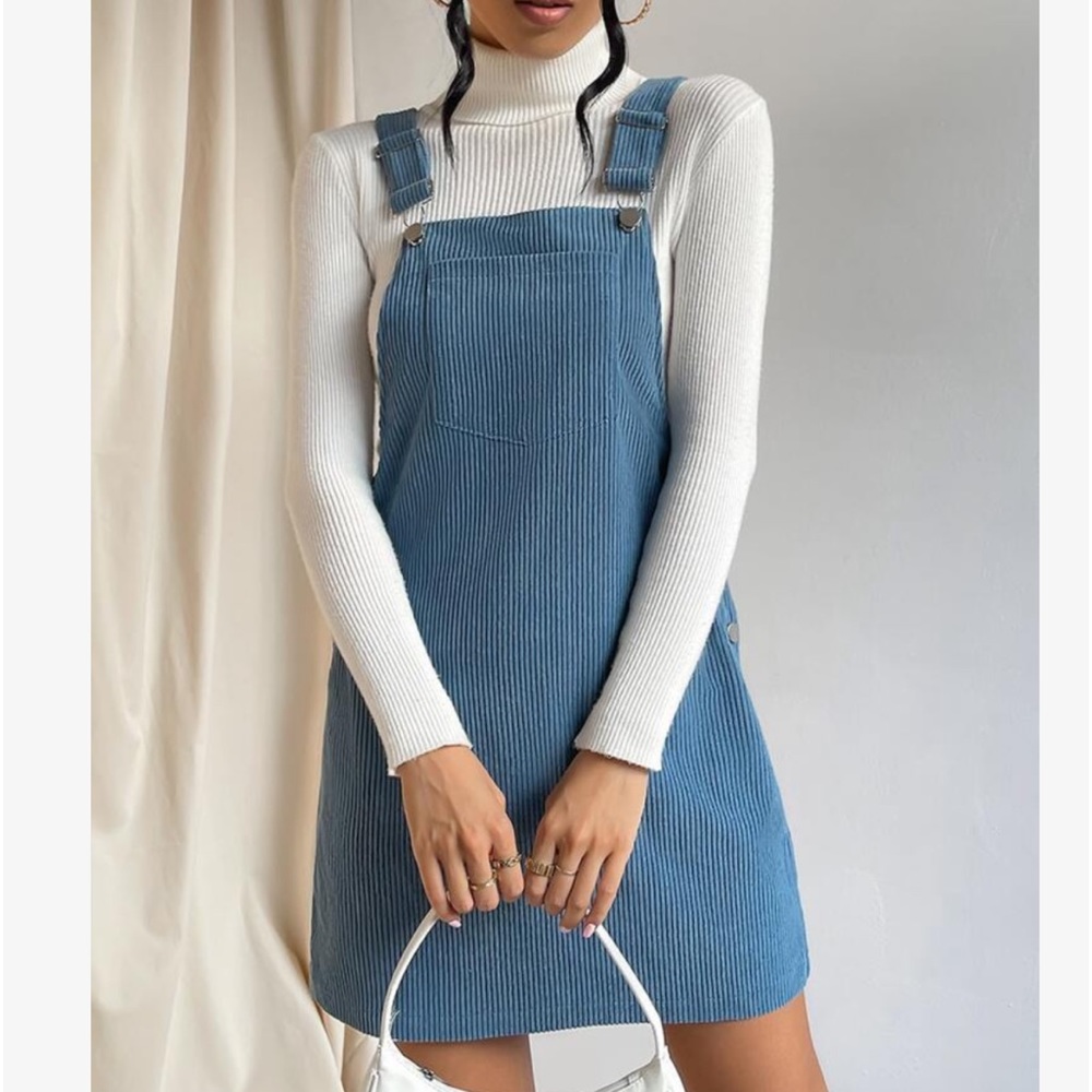 Classic Elegant Corduroy Solid Pocket Jumper Overall Dress Without Sweater BLACK - Picture 12 of 13